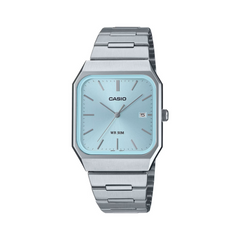 Casio watch with silver metal strap and light blue face on a white background