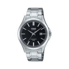 Casio watch with black dial and silver metal strap on a white background