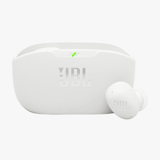 White JBL wireless earbuds with charging case on a white background