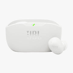 White JBL wireless earbuds with charging case on a white background