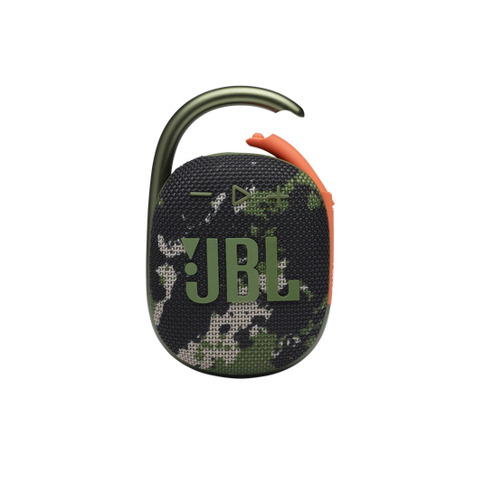 Camouflage-patterned JBL speaker with a carabiner on a white background