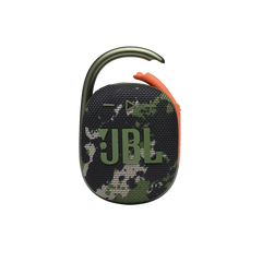 Camouflage-patterned JBL speaker with a carabiner on a white background
