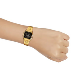 CASIO LA680WGA-1B Vintage Digital Watch – Unisex Gold Stainless Steel Mini Retro, Black Display, LED Light, Alarm, Stopwatch, Water Resistant, Quartz