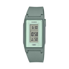 Digital watch with a green strap on a white background