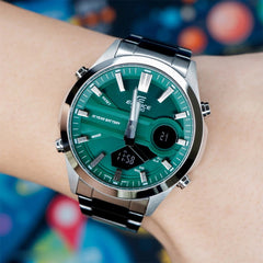 CASIO Edifice EFV-C120D-3ADF Men’s Analog-Digital Watch – Green Dial, 10-Year Battery, World Time, 100m Water Resistant, Stainless Steel