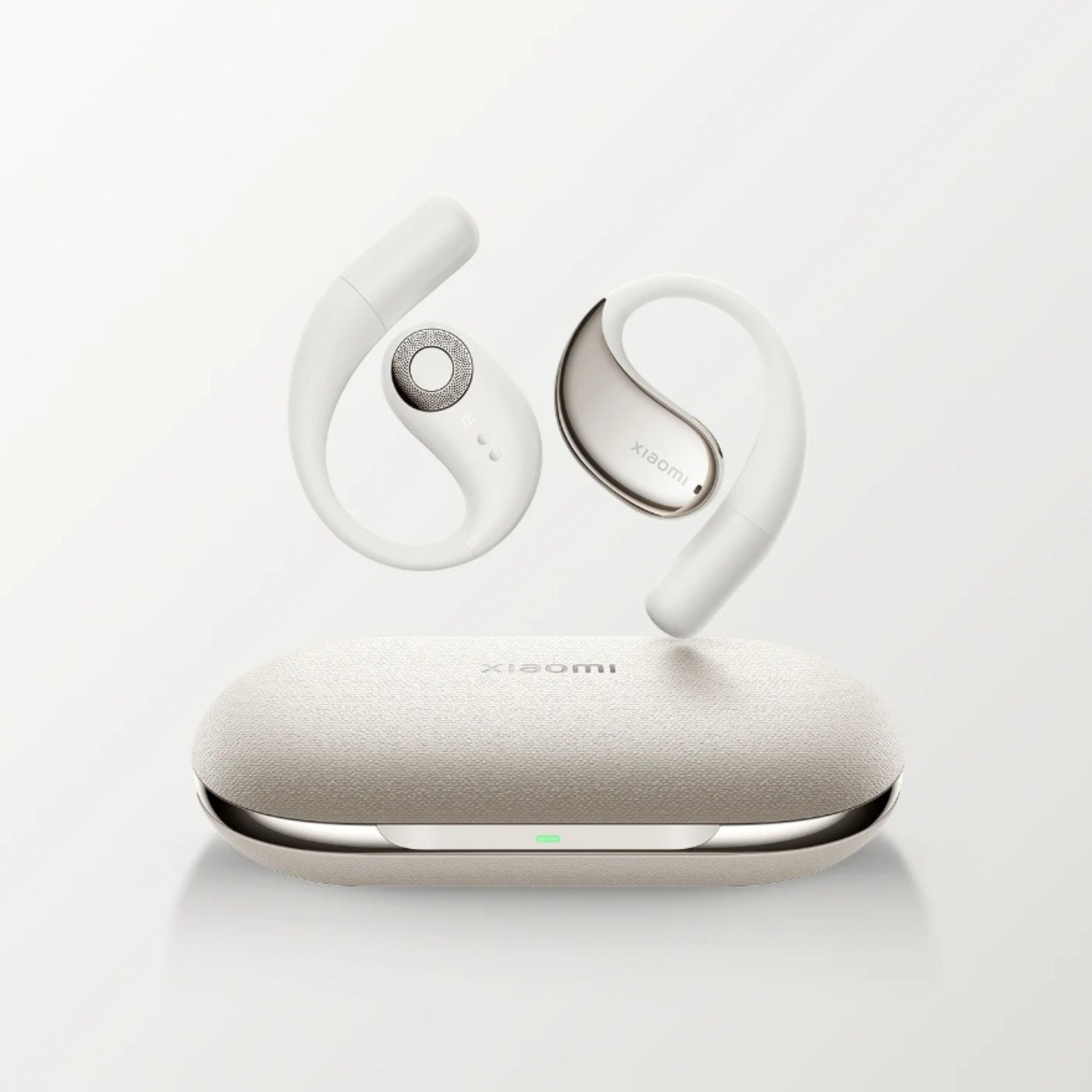 Xiaomi Open Wear Stereo Earbuds in beige color with a charging case.