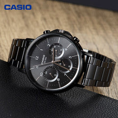 CASIO MTP‑E321B‑1AVDF Men’s Analog “Enticer” Watch – All-Black Design, Day/Date/24H Subdials, 50 m Water Resistance