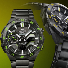 CASIO EDIFICE ECB-2200RC-1A3DF Solar Powered Bluetooth Chronograph Watch for Men with Carbon Bezel and Stainless Steel Band Black/Green