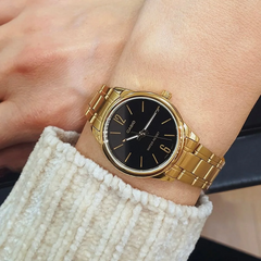 CASIO LTP-V005G-1BUDF Women’s Analog Watch – Gold Stainless Steel, Black Dial, Quartz Movement, Water Resistant, Elegant Classic Ladies Watch