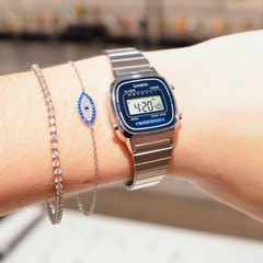 CASIO LA670WA-2DF Vintage Digital Watch – Blue Display, Stainless Steel Bracelet, Alarm, Stopwatch, Countdown Timer, Water Resistant