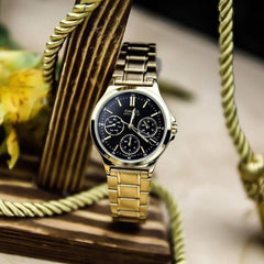 CASIO LTP-V300G-1AUDF Women’s Analog Watch – Gold Stainless Steel, Black Dial, Multi-Dial Design, Quartz Movement, Water Resistant, Elegant Classic Style