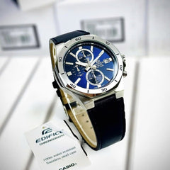 CASIO EDIFICE EFV-640L-2AVUDF Chronograph Watch for Men with Genuine Leather Band and Blue Dial Silver
