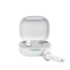 White wireless earbuds with charging case on a white background