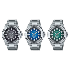 CASIO MTD-140D Series Men’s Standard Analog Watch – 100M Water Resistant, Stainless Steel Bracelet, Date, Mineral Glass – Black/Blue/Green Dial