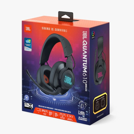 Box packaging of JBL QUANTUM 610 WIRELESS GAMING HEADPHONE with the headphones displayed on the front.
