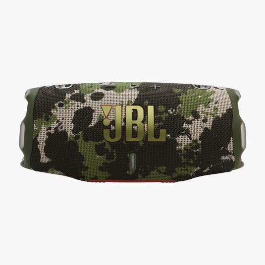 Camouflage-patterned JBL speaker on a white background