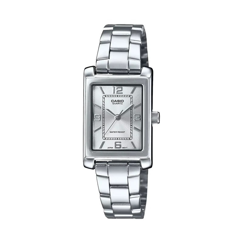 Silver Casio watch with a rectangular face on a white background