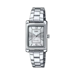 Silver Casio watch with a rectangular face on a white background