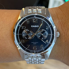 CASIO MTP‑E340D‑1AVDF Men’s Analog Watch – Silver Dial, Stainless Steel Bracelet, Day, Date & 24‑Hour Subdials, 50 m Water Resistant
