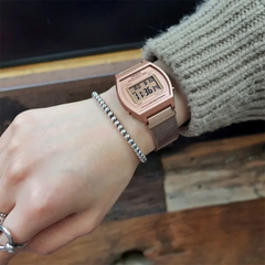 CASIO B640WMR-5ADF Vintage Digital Watch – Unisex Rose Gold Stainless Steel Mesh (Milanese), LED Light, Alarm, Stopwatch, Countdown Timer, 50M Water Resistant, Quartz