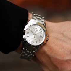 CASIO MTP-1215A-7ADF Men’s Standard Analog Watch – White Dial, Stainless Steel Bracelet, Date, Quartz Movement, Mineral Glass, 50M Water Resistant