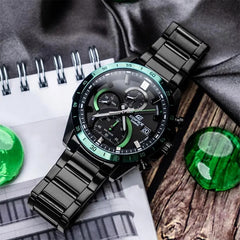 Casio Edifice EFR‑571DC‑1AVUDF Men’s Chronograph Watch — Black Ion Plated, Green Bezel, 100M Water Resistant, Retrograde Dial