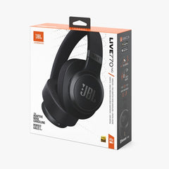 Box packaging of JBL Live 770NC Adaptive Noise Cancelling Wireless Headphones, predominantly black with orange accents and branding on the headset and box.