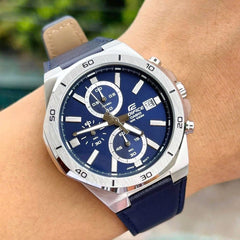 CASIO EDIFICE EFV-640L-2AVUDF Chronograph Watch for Men with Genuine Leather Band and Blue Dial Silver