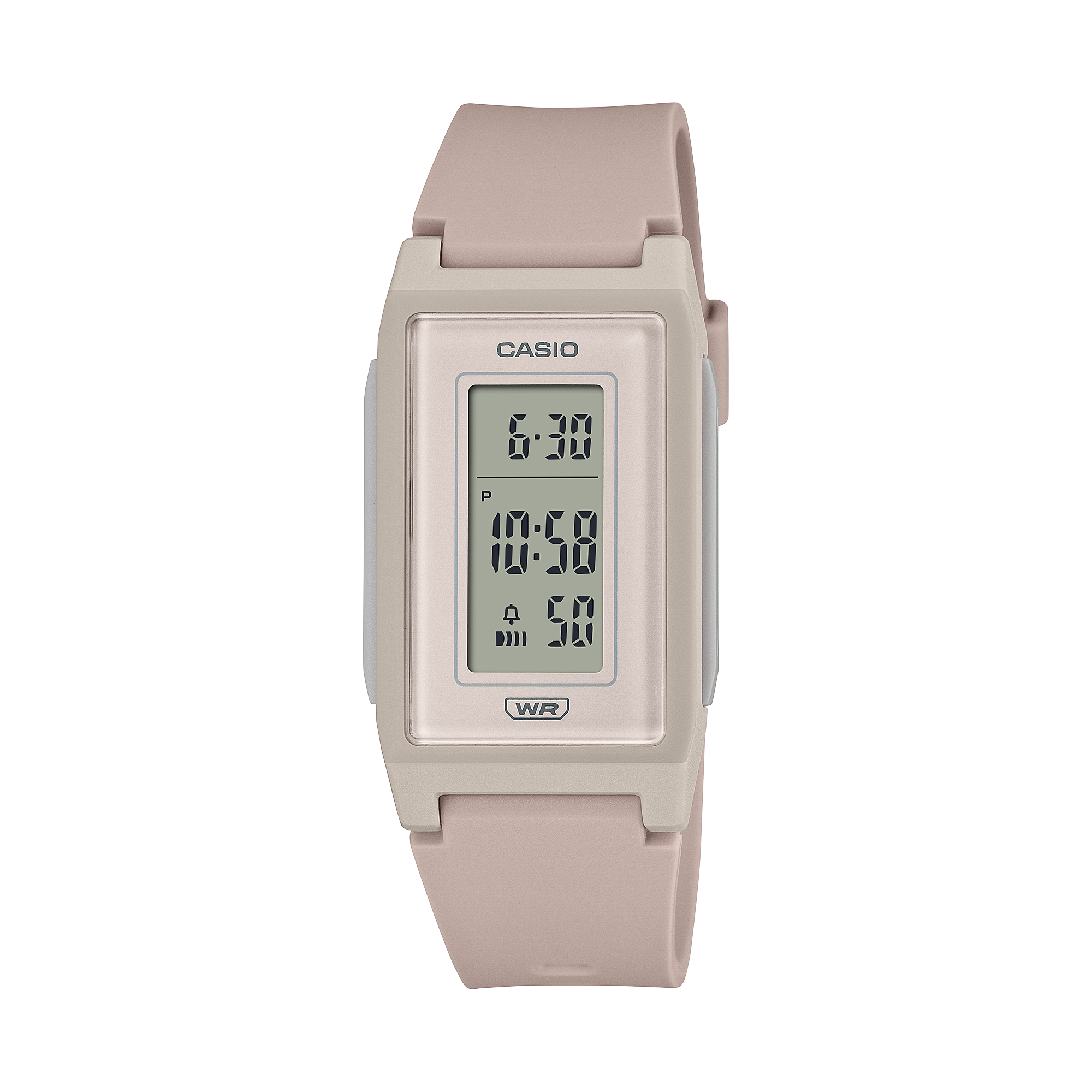 Digital watch with a beige strap on a white background