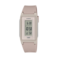 Digital watch with a beige strap on a white background
