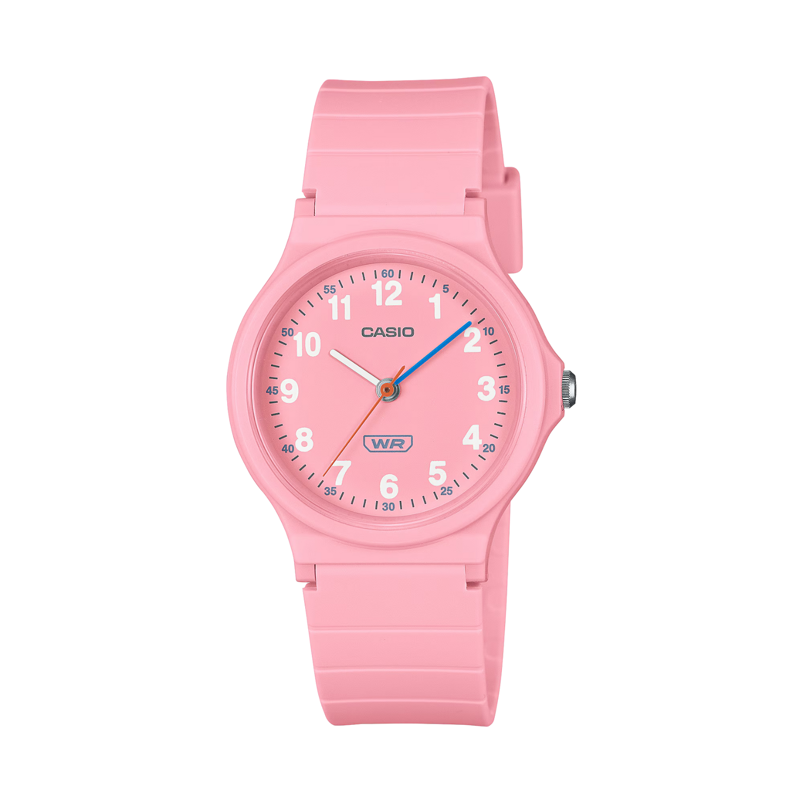Pink Casio watch on a white background