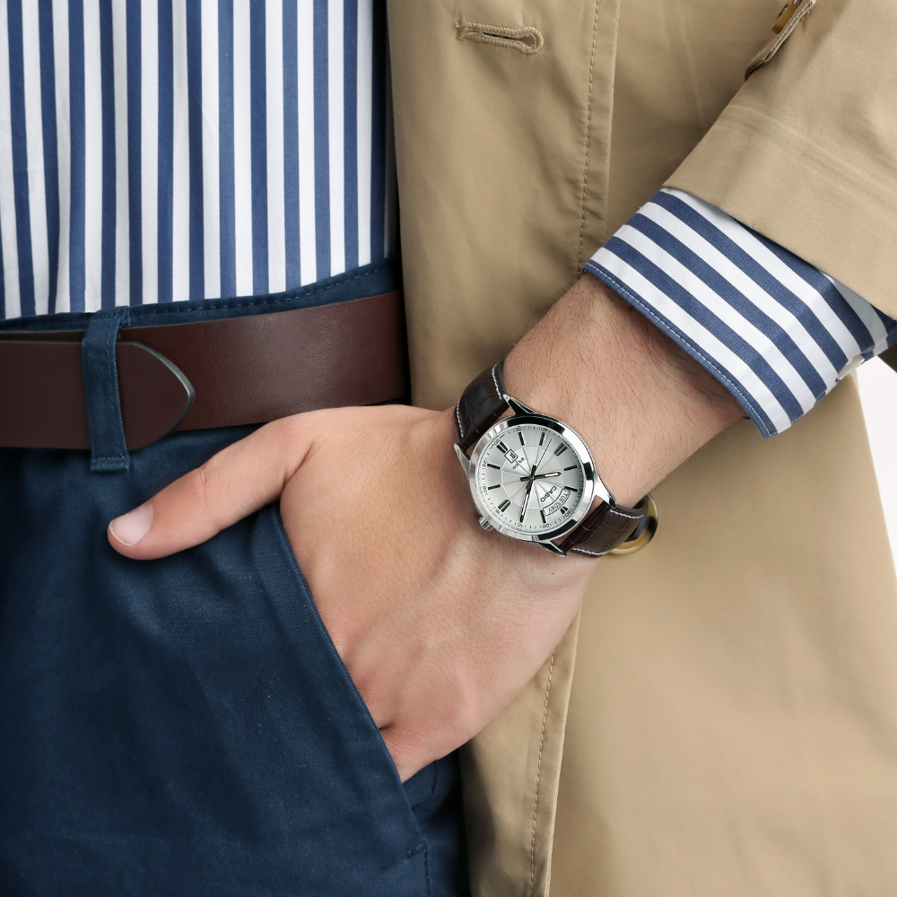 CASIO MTP-1381L Men's Analog Watch – Leather Band, Roman Dial, Day-Date Display, Classic Quartz Dress Watch - THE HAPPY BUY