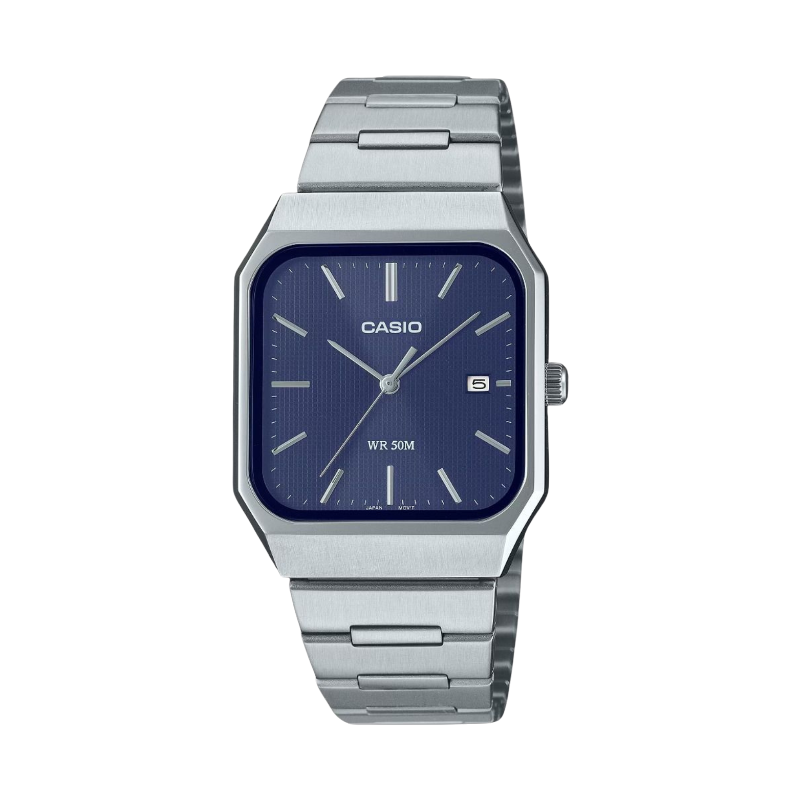 Casio watch with blue face and silver metal strap on a white background