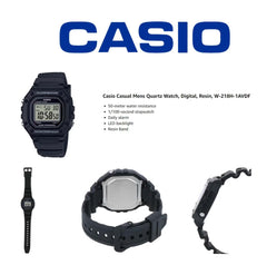 CASIO W-218H-1AVDF Men’s Digital Watch – Black Resin, LED Light, 1/100s Stopwatch, Daily Alarm, Auto Calendar, 12/24h, 50M Water Resistant, Quartz