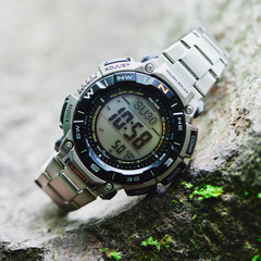Casio Pro Trek PRG-340T-7DR Men's Solar Outdoor Watch, Triple Sensor (Altimeter, Barometer, Compass), Titanium Band, Tough Solar Power, 100M Water Resistant