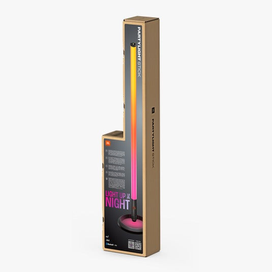 JBL PartyLight Bluetooth light stick in packaging, predominantly black box with colorful light display and product information.