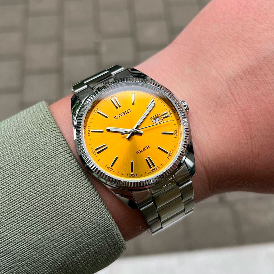 CASIO MTP-1302PD Series Men’s Analog Watch – Stainless Steel Bracelet, Coin-Edge Bezel, Date Window, Quartz, Mineral Glass, 50M Water Resistant – Multiple Dial Colors - THE HAPPY BUY