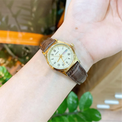 CASIO LTP-V006GL-9BUDF Women’s Analog Watch – Classic Roman Numerals, Champagne Dial, Genuine Leather Strap, Date Display, Quartz