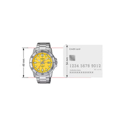 Casio MTP‑VD01D‑9EVUDF Men’s Analog Watch – Yellow Dial, Stainless Steel, 50 m Water Resistant, Date Display