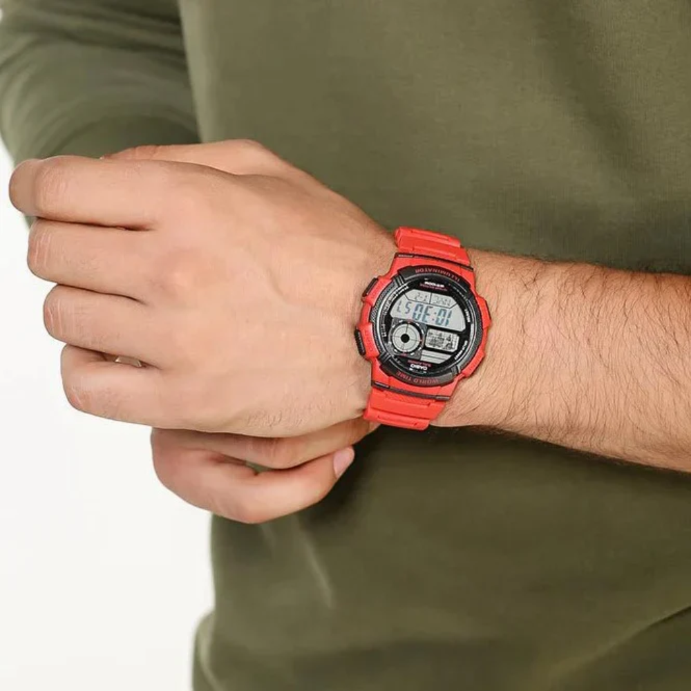 Casio AE-1000W-4AVDF Digital Watch – World Time, 10-Year Battery, Red Sport Style - THE HAPPY BUY