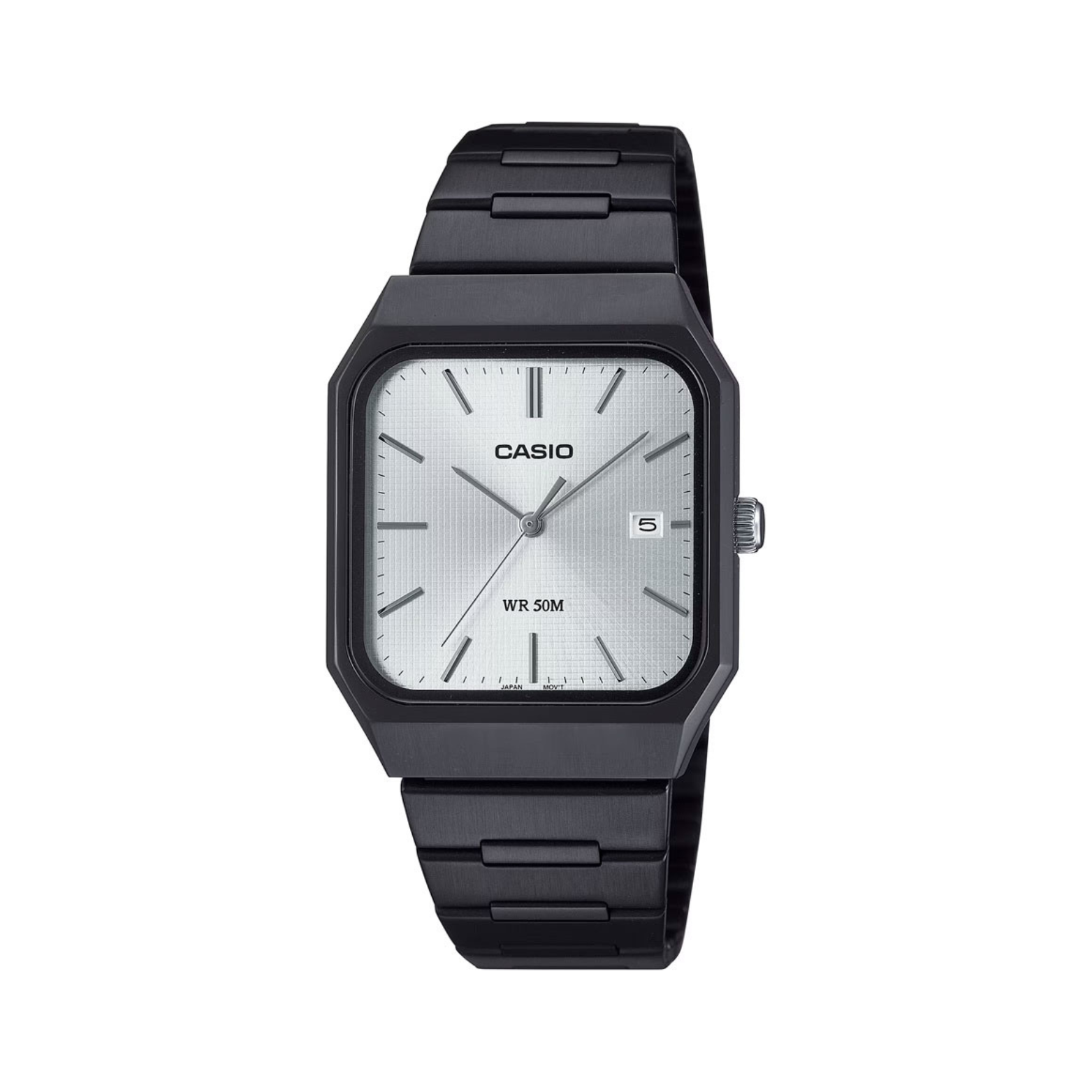 Black Casio watch with a white face on a white background