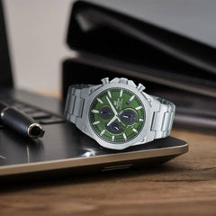 CASIO EDIFICE EFS-S570D-3AUDF Solar Powered Chronograph Watch for Men with Stainless Steel Band and Green Dial Silver