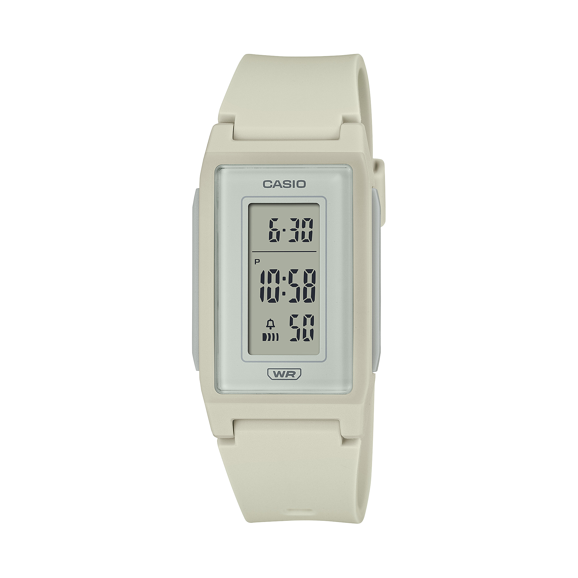 Digital watch with beige strap and Casio branding on a white background