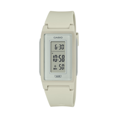 Digital watch with beige strap and Casio branding on a white background