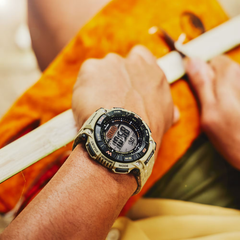 Casio Pro Trek PRG-340T-7DR Men's Solar Outdoor Watch, Triple Sensor (Altimeter, Barometer, Compass), Titanium Band, Tough Solar Power, 100M Water Resistant