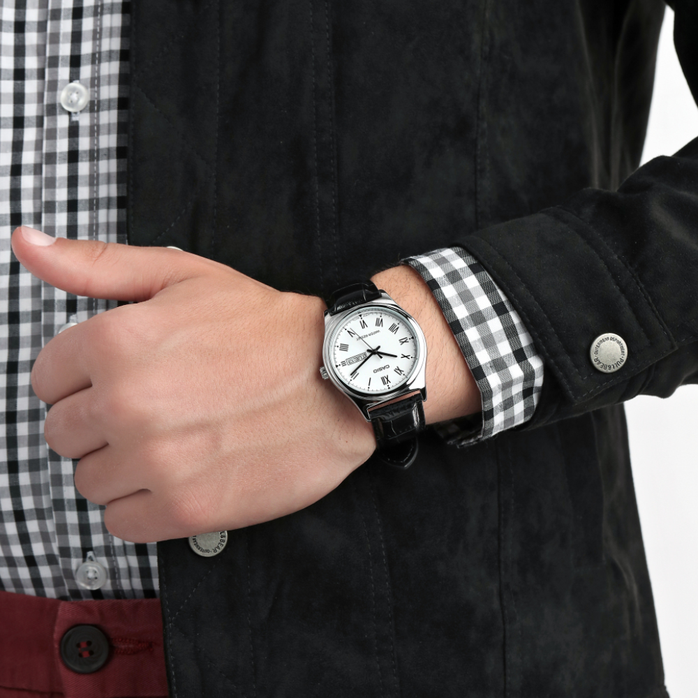 CASIO MTP-V006L Series Standard Analog Men’s Watch – Stainless Steel Case, Genuine Leather Band, Roman Numeral Dial, Date Display, Quartz Movement, 30M Water Resistance – Men’s Classic Dress Watch - THE HAPPY BUY