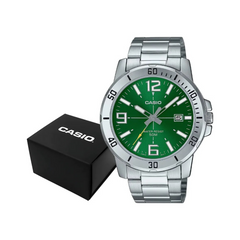 Casio MTP‑VD01D‑3BVUDF Men’s Analog Watch – Green Dial, Stainless Steel, 50 m Water Resistant, Date Display