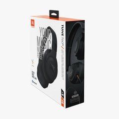 Box packaging of JBL over-ear noise-cancelling Bluetooth headphones, predominantly black color with product image and branding on the front.