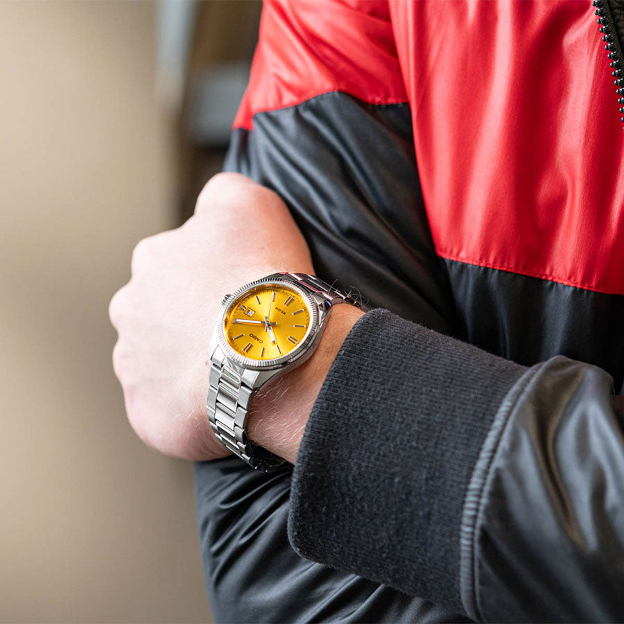 CASIO MTP-1302PD Series Men’s Analog Watch – Stainless Steel Bracelet, Coin-Edge Bezel, Date Window, Quartz, Mineral Glass, 50M Water Resistant – Multiple Dial Colors - THE HAPPY BUY