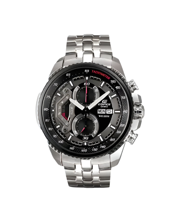 A Casio Edifice EF-558D-1AVUDF model watch with a stainless steel band and a black dial featuring a tachymeter, retrograde dial, and a screw lock crown.